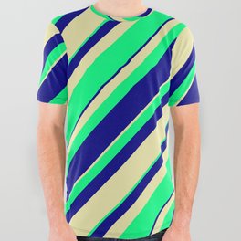 [ Thumbnail: Pale Goldenrod, Green, and Blue Colored Stripes/Lines Pattern All Over Graphic Tee ]