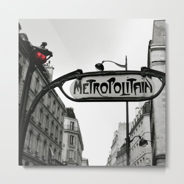 Paris Art Nouveau Metro - Metropolitan Subway Station Sign black and white photograph Metal Print