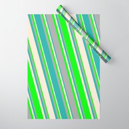 [ Thumbnail: Beige, Lime, Dark Gray, and Light Sea Green Colored Pattern of Stripes Wrapping Paper ]