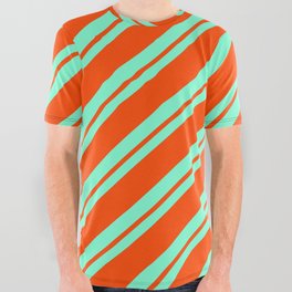 [ Thumbnail: Aquamarine and Red Colored Stripes Pattern All Over Graphic Tee ]
