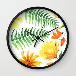 Palm leaves and colorful tropical flowers Wall Clock