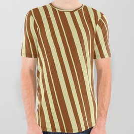 [ Thumbnail: Pale Goldenrod & Brown Colored Striped/Lined Pattern All Over Graphic Tee ]