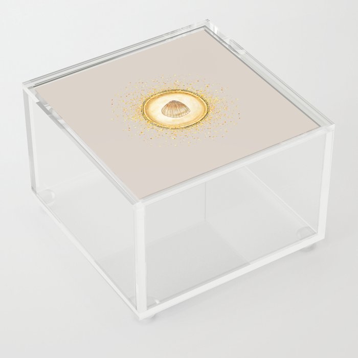 Watercolor Seashell Gold Circle Pendant on Sand Beige Acrylic Box