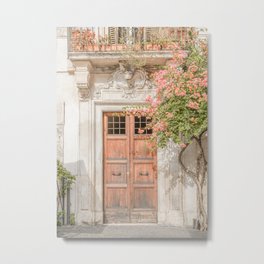 Floral Entry In Rome | Front Door Collection Travel Photography Art Print | Pink Summer Flowers In Italy Metal Print