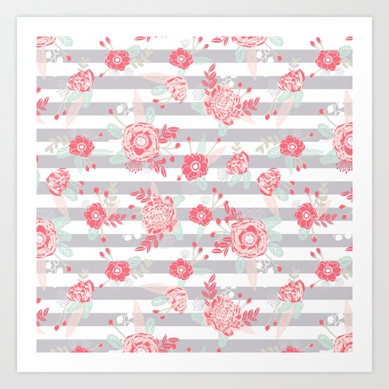 Elli - gender neutral florals grey stripe pattern modern nursery home decor Art Print