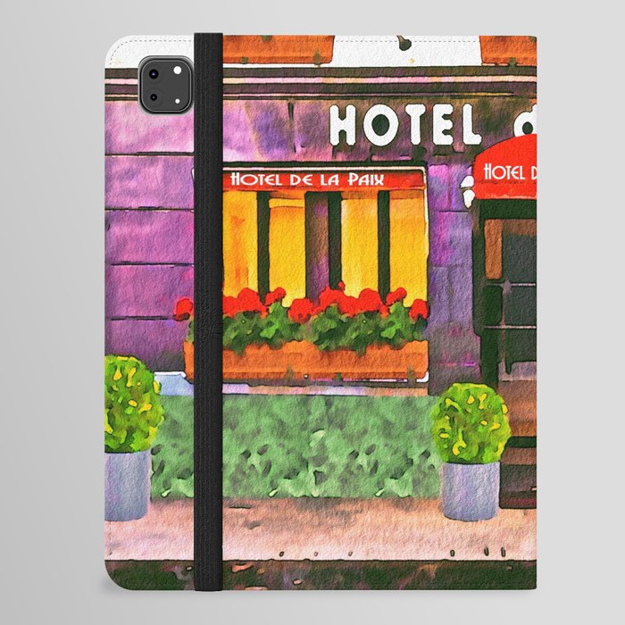 Paris Hotel De La Paix colorful street scene watercolor portrait painting with flower boxes iPad Folio Case