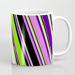 [ Thumbnail: Chartreuse, Lavender, Indigo, Orchid & Black Colored Striped/Lined Pattern Coffee Mug ]