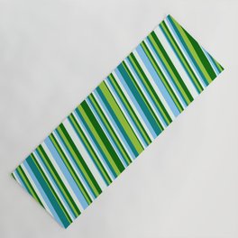 [ Thumbnail: Light Sky Blue, Teal, Green, Dark Green, and Mint Cream Colored Striped Pattern Yoga Mat ]