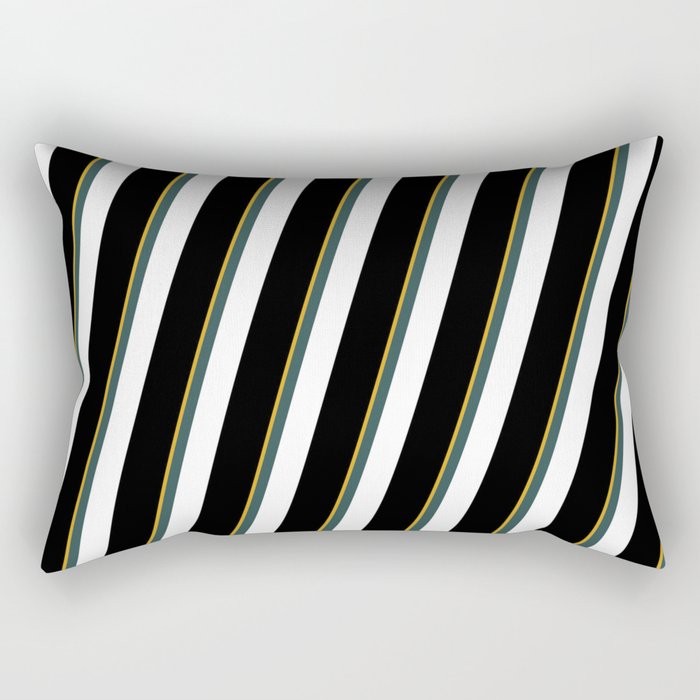 Goldenrod, Dark Slate Gray, White, and Black Colored Striped Pattern Rectangular Pillow