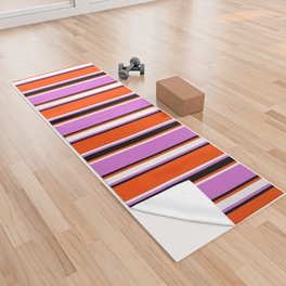 [ Thumbnail: Red, Black, Orchid, and White Colored Stripes Pattern Yoga Towel ]