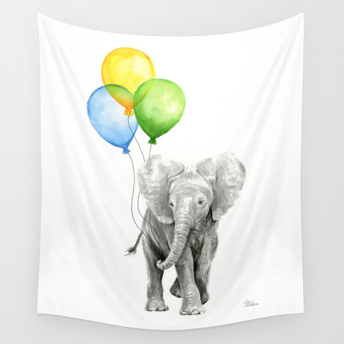 Elephant with Three Balloons Wall Tapestry