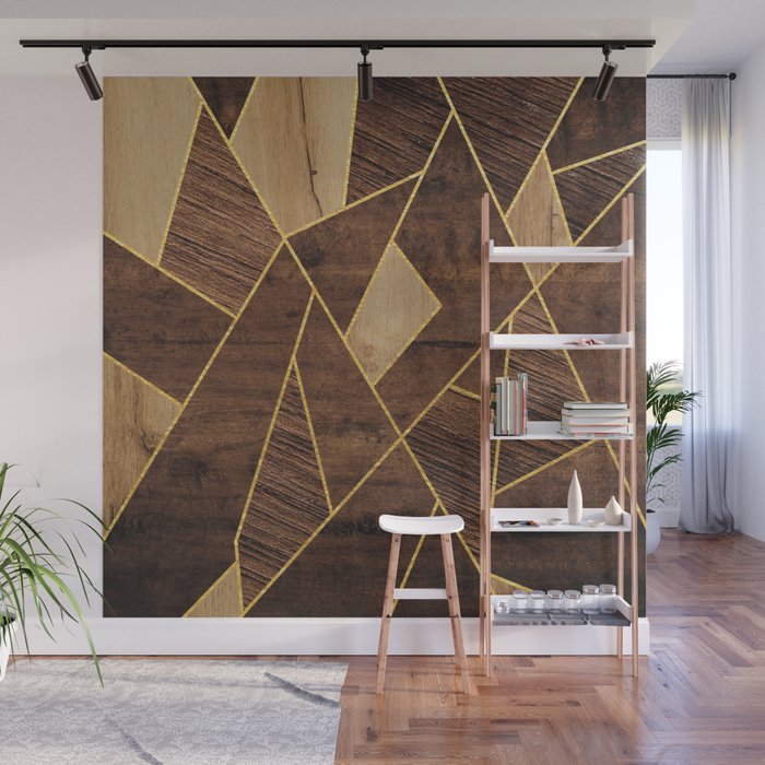 Three Wood Types Blocks Gold Stripes Wall Mural