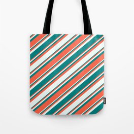 [ Thumbnail: Red, Mint Cream & Teal Colored Lines Pattern Tote Bag ]
