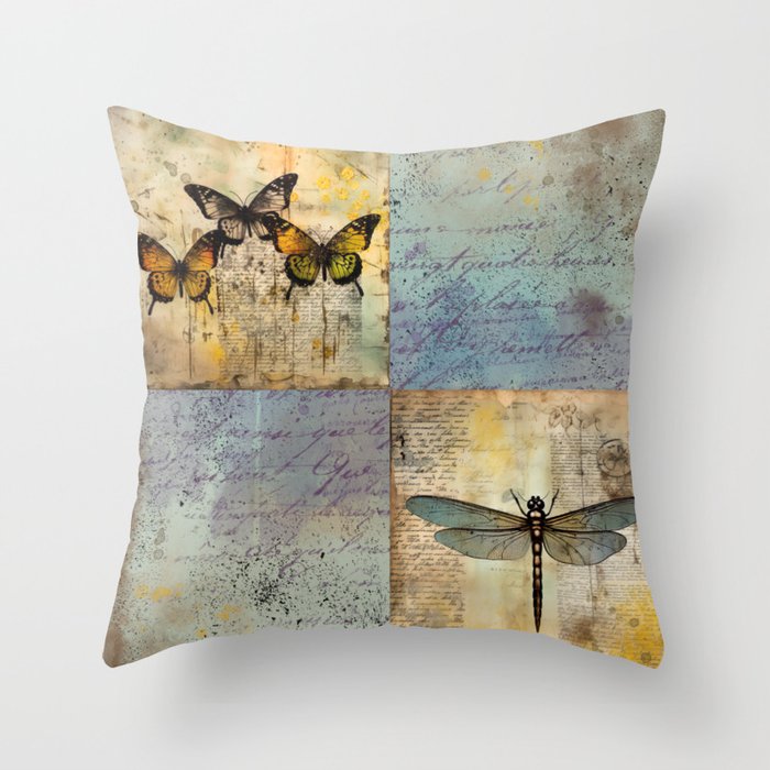 Vintage Paper Butterfly Dragonfly Pattern Throw Pillow