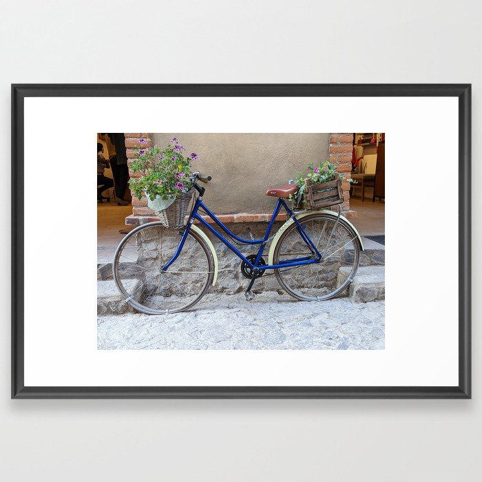 Retro blue bike with flowers Framed Art Print