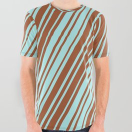 [ Thumbnail: Sienna and Turquoise Colored Lines Pattern All Over Graphic Tee ]