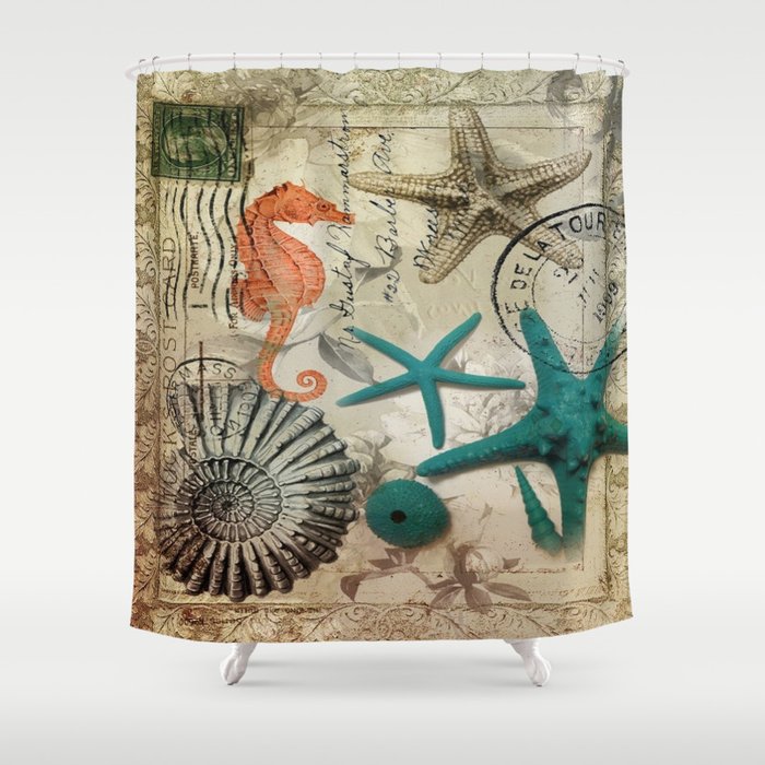 french botanical art seahorse teal green starfish Shower Curtain