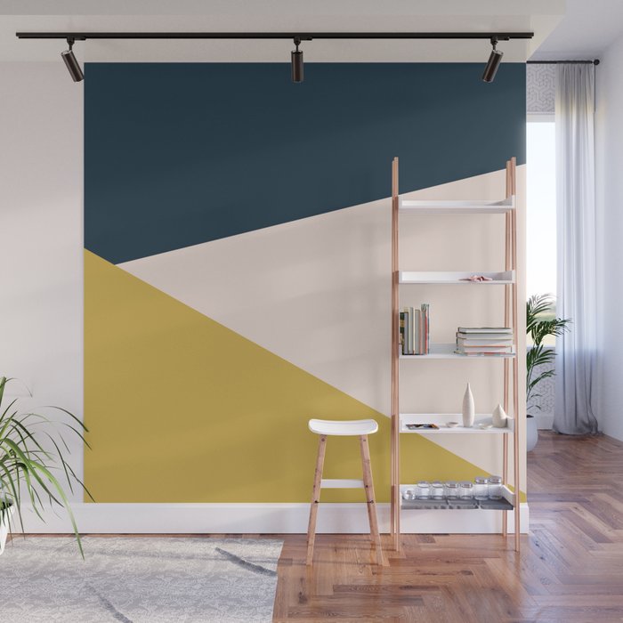 Wall Mural | Jag 2. Minimalist Angled Color Block In Navy Blue, Blush Pink, And Mustard Yellow by Kierkegaard Design Studio - 8' x 8' - Society6