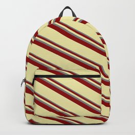 [ Thumbnail: Grey, Dark Red & Pale Goldenrod Colored Striped Pattern Backpack ]