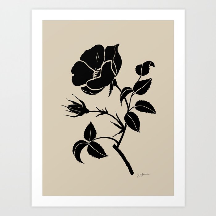 Minimalistic Black Ink Drawing Rose Flower on a Beige background Art Print