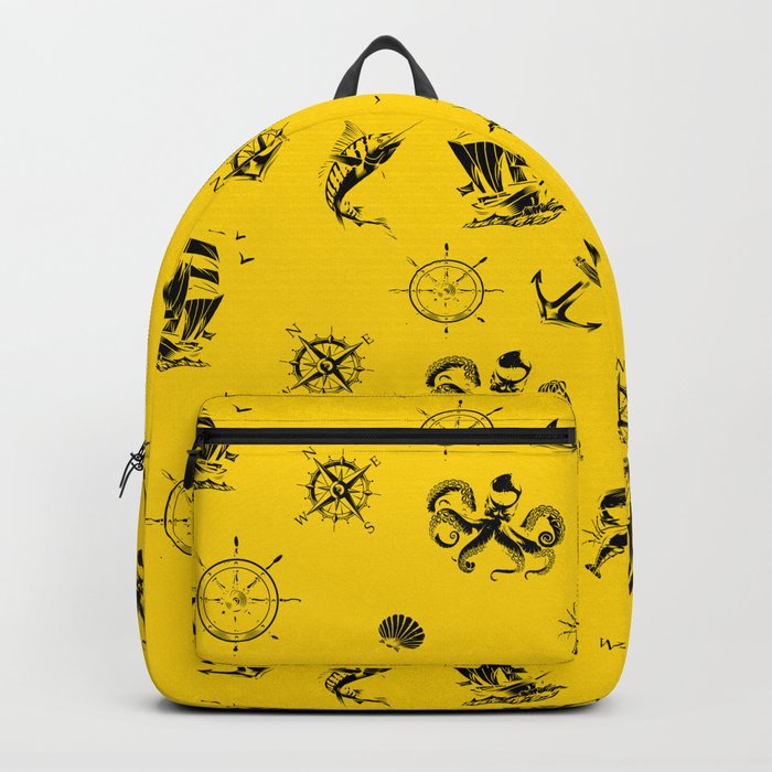Yellow And Black Silhouettes Of Vintage Nautical Pattern Backpack