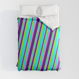 [ Thumbnail: Chartreuse, Aqua, Violet, and Indigo Colored Striped/Lined Pattern Comforter ]