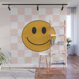 Smiley Face Pink & White Checker Pattern Wall Mural