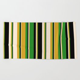 [ Thumbnail: Goldenrod, Beige, Black & Forest Green Colored Striped Pattern Beach Towel ]