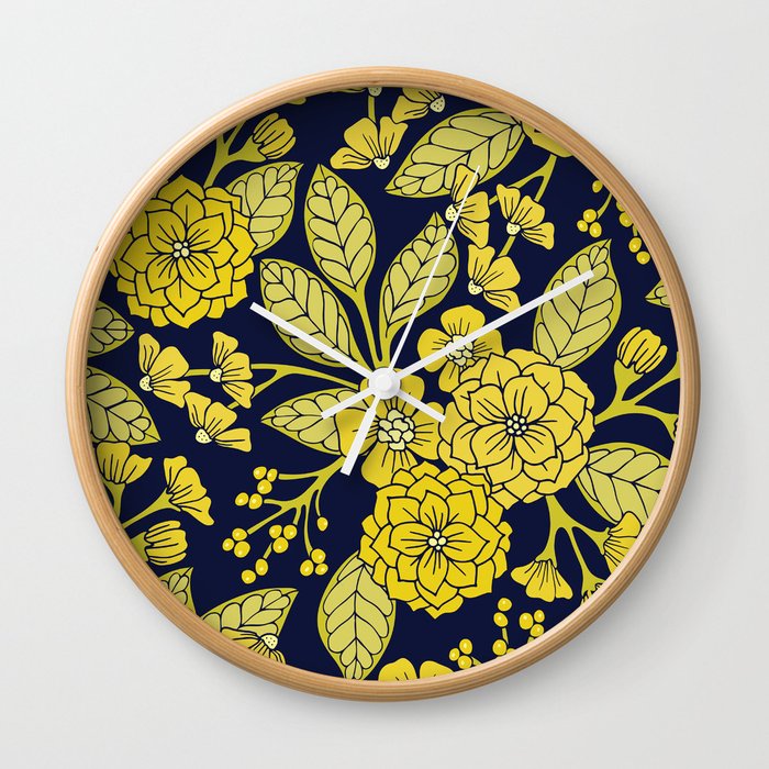Navy Blue, Mustard Yellow & Green Floral/Botanical Pattern Wall Clock