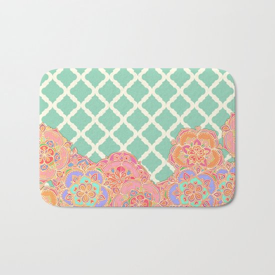 Floral Doodle on Mint Moroccan Lattice Bath Mat