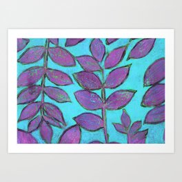Ash leaf print in purple and turquoise blue Art Print