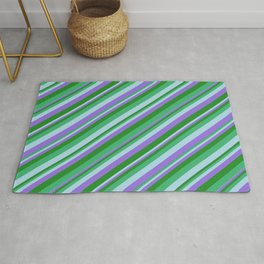 [ Thumbnail: Sea Green, Light Blue, Purple, and Forest Green Colored Lines/Stripes Pattern Rug ]