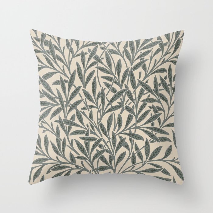 Vintage Willow Leaf William Morris Green and Cream Throw Pillow