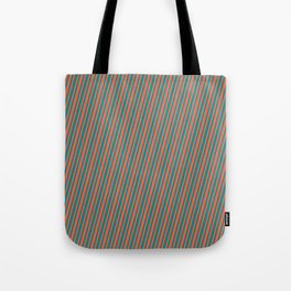 [ Thumbnail: Dark Cyan & Red Colored Striped Pattern Tote Bag ]