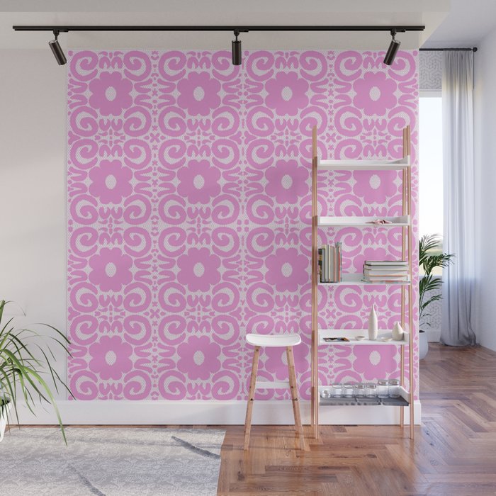 Spring Retro Daisy Lace Pink on White Wall Mural