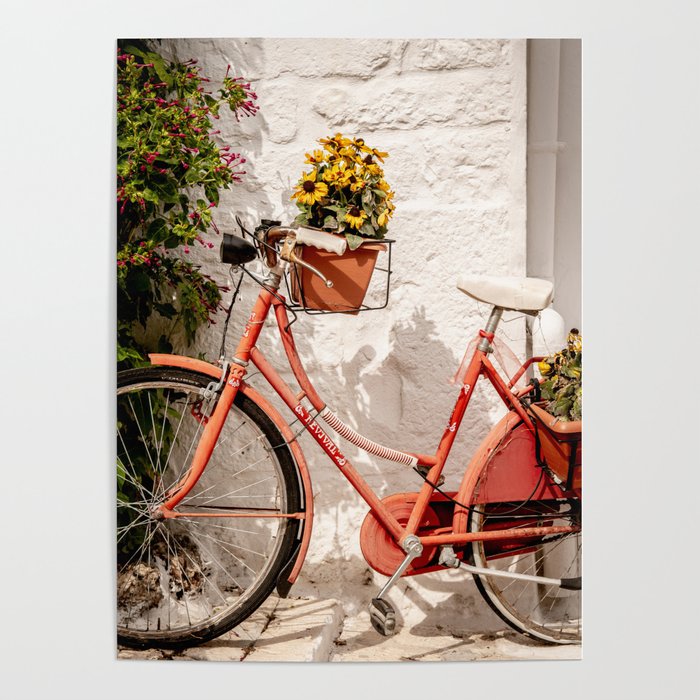 Red bicycle blooming sunflowers on Italian Streets | Travel Fine Art Photography Poster