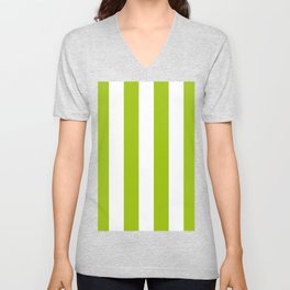 Bright Pistachio Nut Green and White Cabana Stripes V Neck T Shirt