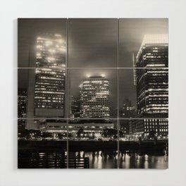 Foggy Night over the Boston Skyline Fort Point Channel Black and White Wood Wall Art