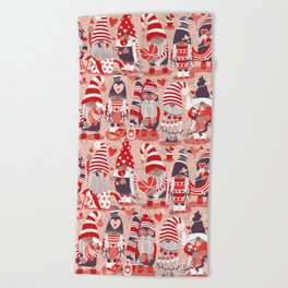 I gnome you more // flesh background red and orange shade Valentine's Day gnomes and motifs Beach Towel