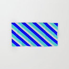 [ Thumbnail: Turquoise, Light Grey & Blue Colored Lines/Stripes Pattern Hand & Bath Towel ]