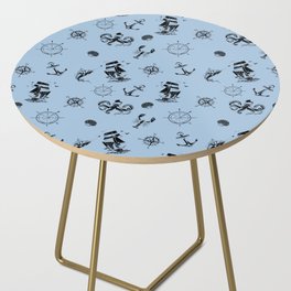 Pale Blue And Black Silhouettes Of Vintage Nautical Pattern Side Table