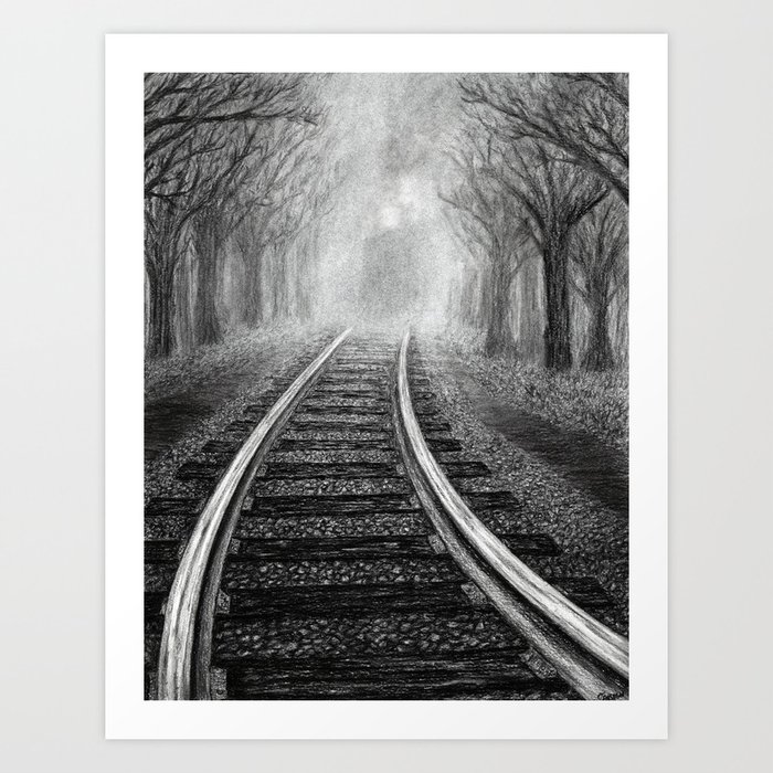 Untitled - charcoal drawing on paper 11x14 steam train foggy Art Print