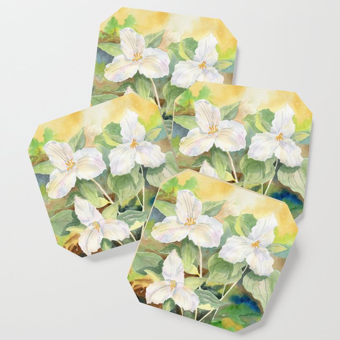 Trillium Wildflowers Watercolor  Coaster