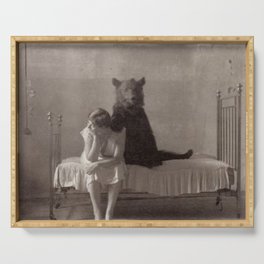 The Bear that came for Dinner black and white photograph Serving Tray