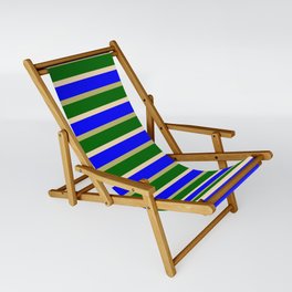 [ Thumbnail: Eyecatching Tan, Blue, Dark Khaki & Dark Green Lines Pattern Sling Chair ]