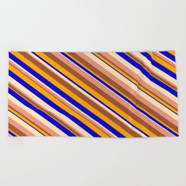 [ Thumbnail: Eyecatching Beige, Dark Salmon, Sienna, Orange, and Blue Colored Striped/Lined Pattern Beach Towel ]