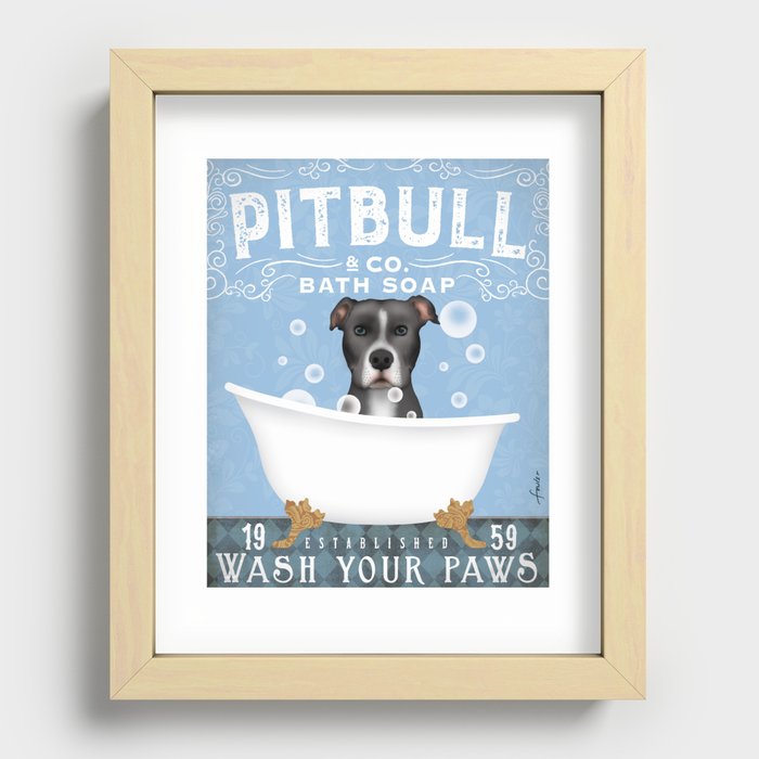 pitbull pit bull pitty dog bath art clawfoot tub, bubbles soap wash your paws decor Recessed Framed Print