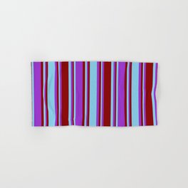 [ Thumbnail: Sky Blue, Dark Orchid, and Dark Red Colored Pattern of Stripes Hand & Bath Towel ]