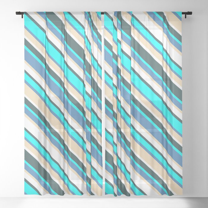 Eye-catching Blue, Tan, White, Dark Slate Gray, and Cyan Colored Lined/Striped Pattern Sheer Curtain
