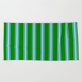 [ Thumbnail: Green and Light Sky Blue Colored Striped Pattern Beach Towel ]
